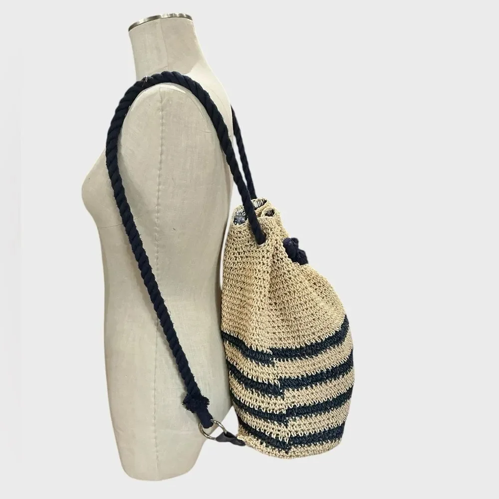 Cynthia Rowley Straw Drawstring Backpack Cream Navy Woven Boho Bag